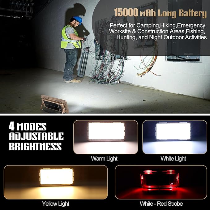 Solar Rechargeable Work Light with Power Bank & Battery Indicator, 178 LED Portable Flood Light with Magnetic Base, 4 Modes IP44 Waterproof Job Site Lamp for Camping, Fishing, Car Repair (Silver Body)