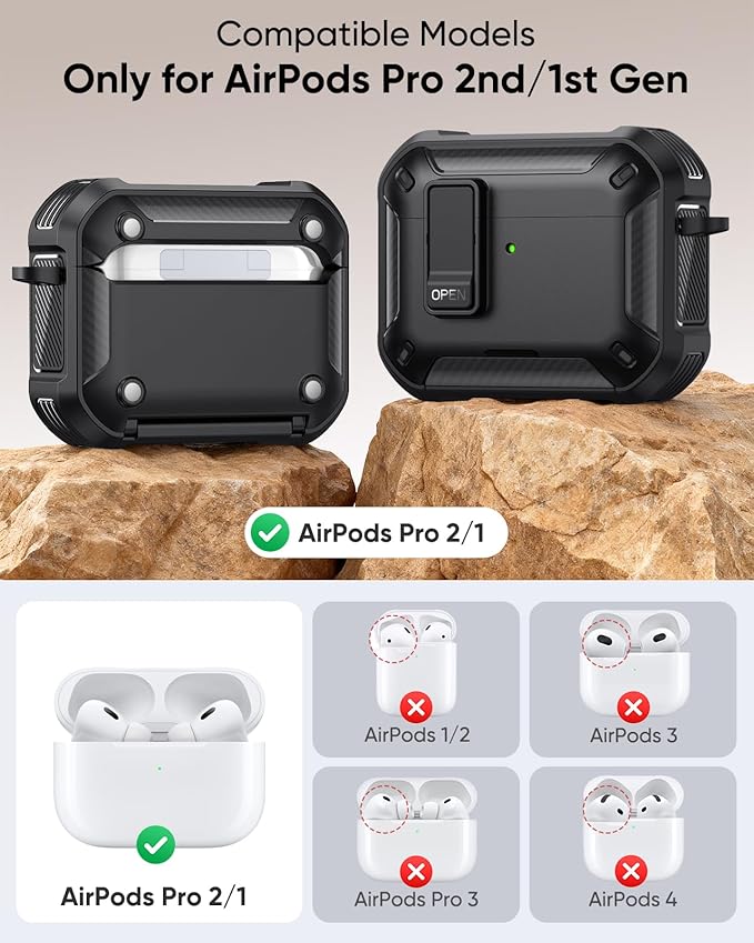 MoKo for AirPods Pro 2 Case with Lock - Compatible with MagSafe, Phone Stand & Auto Pop-up for AirPods Pro 2nd/1st Generation Case, Military-Grade Protective Cover with Cleaner Kit, Black