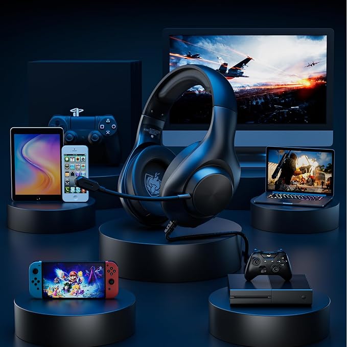 Gaming Headset for PS5 PS4 PC, Wired Headsets with 7.1 Surround Sound, H-7 Gaming Over Ear Headphones with Noise Cancelling Flexible Mic Memory Earmuffs, for PC/PS5/PS4/XboxSeries X/S/Switch（Black）