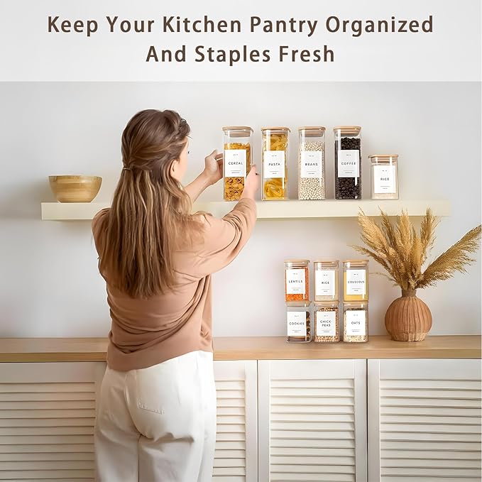 Square Storage Containers with Lids, Clear Food Storage Container Jar with Sealing Bamboo Lid for Noodles Flour Cereal Rice Sugar Tea Coffee Beans (20oz*5/40oz*2/67oz*1)