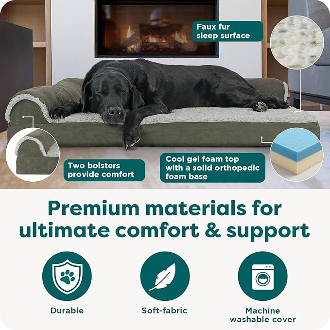 FurHaven Cooling Gel Dog Bed for Large Dogs, L-Shaped Chaise with Cool Gel-Top Foam & Solid Orthopedic Foam Base for Joint Support, Washable Cover, Jumbo/XL, Plush Faux Fur & Suede, Dark Sage