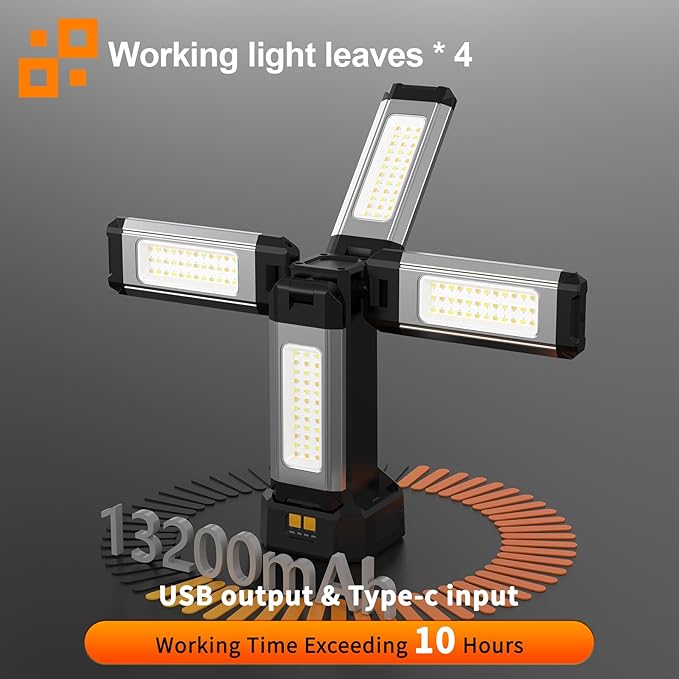 Upgraded Aluminum13200mAh Rechargeable Work Light with 78in Height Folding Stand and Carrying Bag, 8000 Lumen Cordless Camping Light, White/Warm/Nature White(Standard)