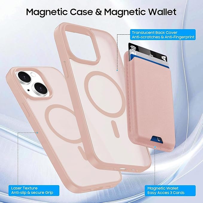 Magnetic for iPhone 15 Case with Detachable Wallet, Compatible with MagSafe, Credit Card Holder with Slim Shockproof Protective Phone Cover, Pink