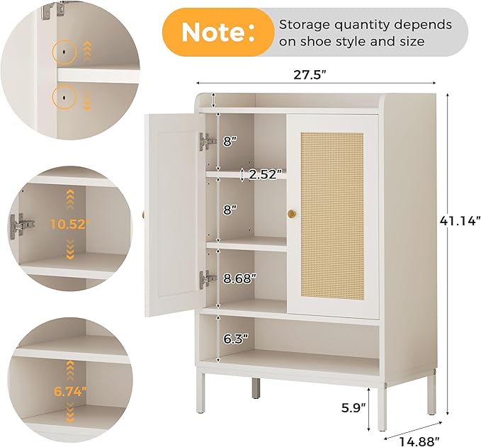 JASIWAY Rattan Shoe Cabinet Storage for Entryway, Shoe Cabinet with Adjustable Shelves for Entryway, 5-Tier, 20 Pair Shoe Rack Storage for Hallway, Closet, Living Room, White