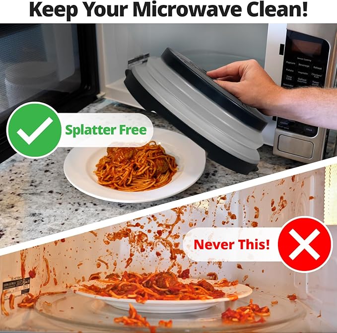HOVER COVER High Power Magnetic Microwave Splatter Cover with Strongest Magnetic Grip, Collapsible 12-Inch BPA-Free Food Lid, Vented Plate Guard, Dishwasher Safe Space-Saving Storage - Black
