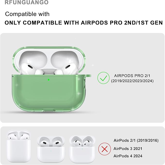RFUNGUANGO AirPods Pro Case Clear, Soft TPU Transparent with Cleaning Kit & Keychain, Compatible with Magsafe, Compatible Apple AirPods Pro 2nd/1st Generation Protective Case, Green