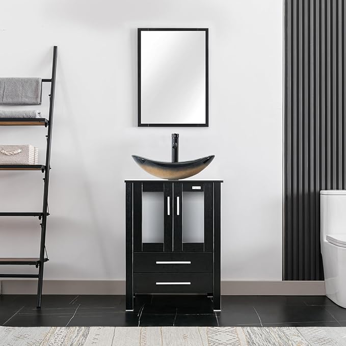 eclife 24" Modern Bathroom Vanity Sink Combo Freestanding Cabinet with Soft Closing Door, Champagne Boat Glass Vessel Sink, Water Save Faucet, Drain (Black+A29CH)