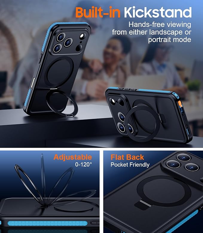 Temdan Magnetic Compatible with iPhone 17 Pro Max Case,Waterproof Built-in Screen & Camera Protector IP68 Underwater Full Body 17FT Military Dropproof Shockproof Phone Case 6.9"-Blue/Black