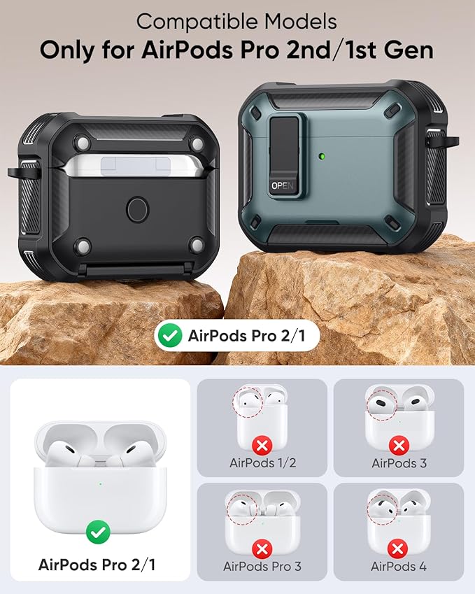 MoKo for AirPods Pro 2 Case with Lock - Compatible with MagSafe, Phone Stand & Auto Pop-up for AirPods Pro 2nd/1st Generation Case, Military-Grade Protective Cover with Cleaner Kit， Apple Green+Black