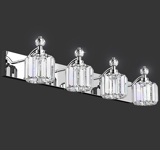 4-Light Bathroom Vanity Light - Crystal Bathroom Lighting Fixtures Over Mirror with 60w(Max) E12 Base, 56pcs Crystal Sheet, Chrome Vanity Lights for Bath Room