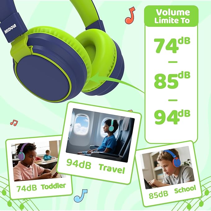 MIDOLA Kids Headphones Bluetooth 5.3 Wireless 60H Play Time Volume Limited 85/110dB Over Ear Foldable Protection Headset/Wired Aux Built-in Mic for Boy Girl Travel School Pad Tablet Deepblue