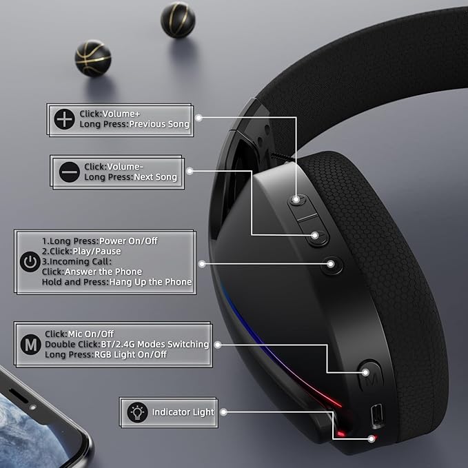 Attack Shark L90 Ultralight RGB Wireless Gaming Headset with Plug-in Microphone,Bluetooth 5.3 & 2.4G Wireless & Wired Headphone, 7.1 Surround Sound for Xbox One Series, PS4,PS5 & PC (Black)
