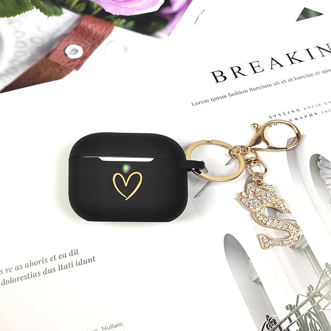 Compatible with AirPods Pro 3 Case Cover (2025), Soft Silicone Case with Gold Heart Pattern for AirPods Pro 3rd Generation Case with Rhinestone Studded Letter A-Z Keychain (S Black)