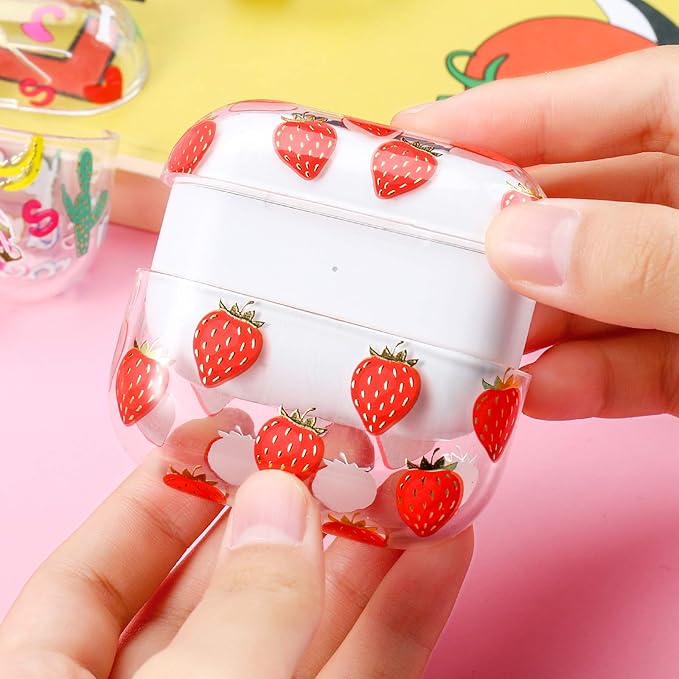 Compatible with Apple Airpods Pro Case for Women, Clear with Designs Patterns Hard PC Shockproof [Front LED Visible ] Anti-Fall Full Protector, Strawberry