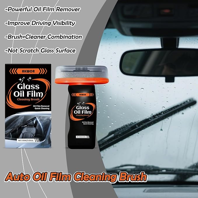 Glass Cleaner Oil Film Remover, Car Windshiled Cleaning Tool -100ml Glass Emulsion Cleaner with Scrub Pad, Removes Grease Smudges Water Spots, Restores Clarity for Rain & Fog Driving