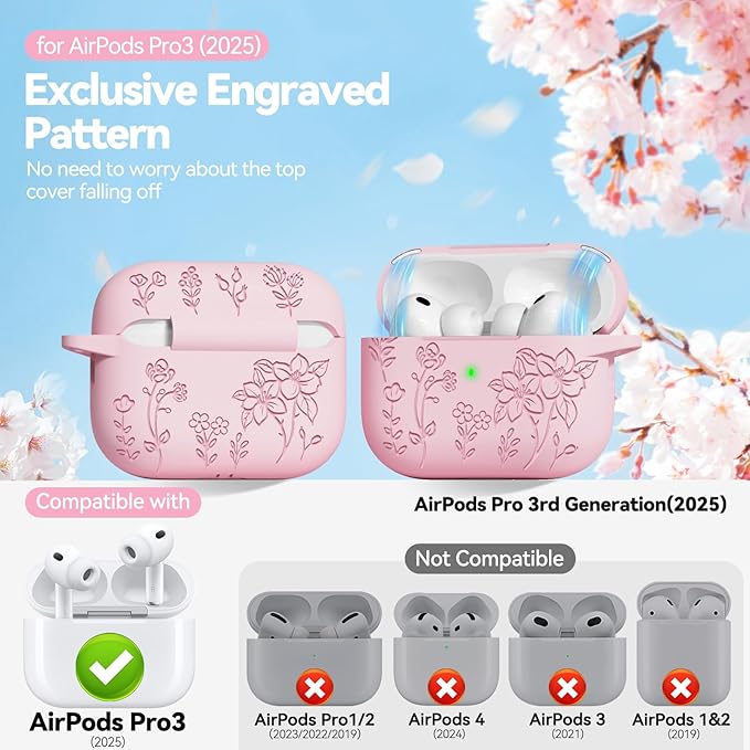 for Airpods Pro 3 Case with Magnetic Lid, Flower Engraved Case Cover Compatible with AirPods Pro 3rd Generation 2025, Soft Silicone Cases with Keychain & Cleaner for Women Girly, Shockproof