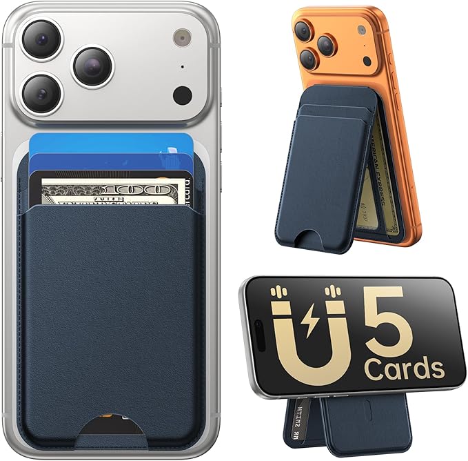for MagSafe Wallet with Stand, 5 Card Holder, Slim Leather Magnetic Wallet for iPhone 17/16/15/14/13/12 Pro Max Plus Air Series, 3 Card Slots & 1 Cash Slot,Blue