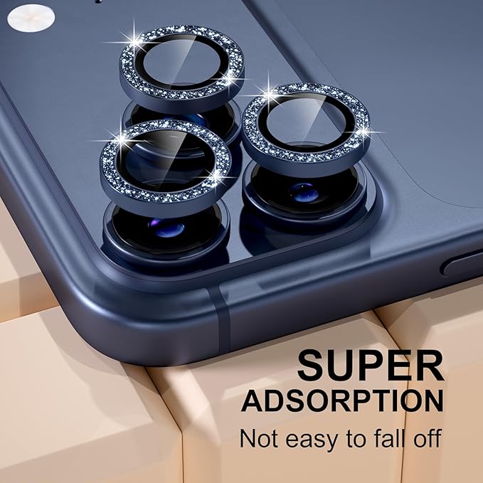Misea Compatible for iPhone 17 Pro/iPhone 17 Pro Max Camera Lens Protector Bling, 9H Tempered Glass Camera Cover Screen Protector Metal Individual Ring Decoration Accessories, Blue Glitter