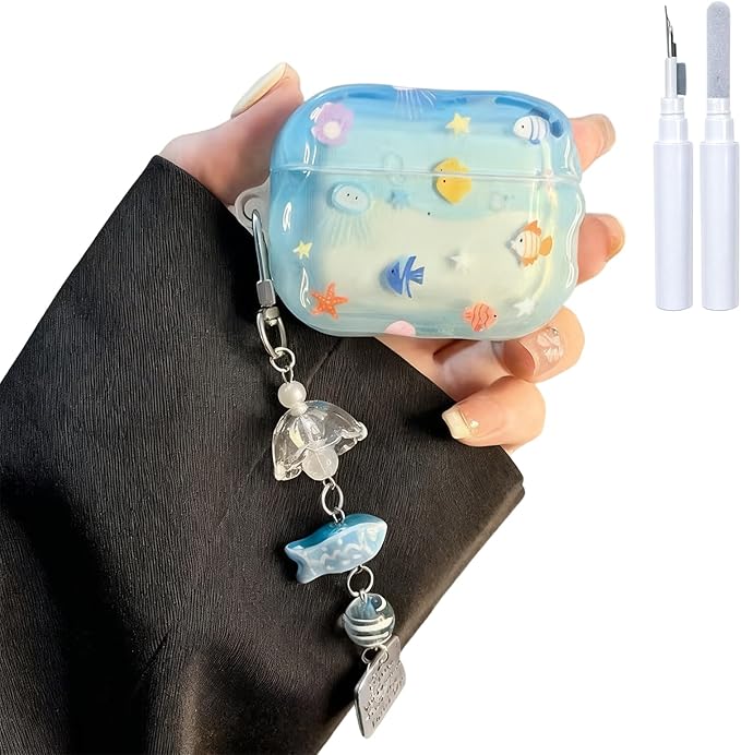Compatible with AirPods Pro 3 Case Soft TPU with Cleaner Kit Creative Cute Fish Star Keychain Shockproof Cover for Airpods Pro 3rd Generation(2025) -Blue