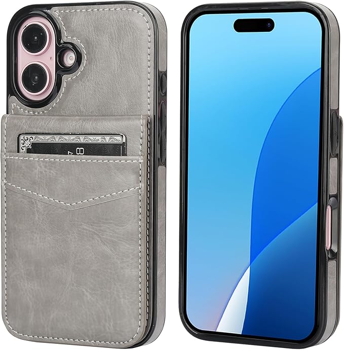 KIHUWEY Compatible with iPhone 16 Case Wallet with Credit Card Holder, Flip Premium Leather Magnetic Clasp Kickstand Heavy Duty Protective Cover for iPhone 16 6.1 Inch (Gray)