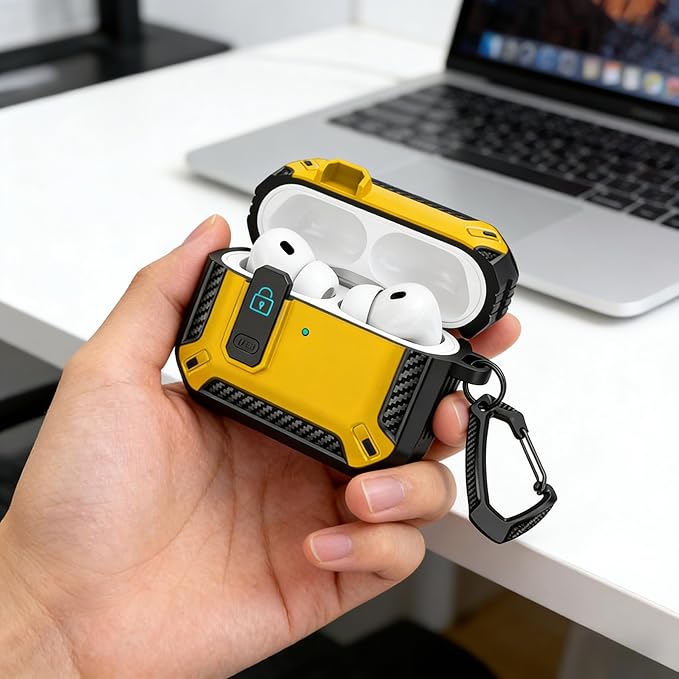 for AirPods Pro 3 Case, Secure Lock Cases Cover with Carabiner Compatible with Airpods Pro 3rd Generation Case, Full Body Shockproof Protective AirPod Case for Men Women(Black Yellow)