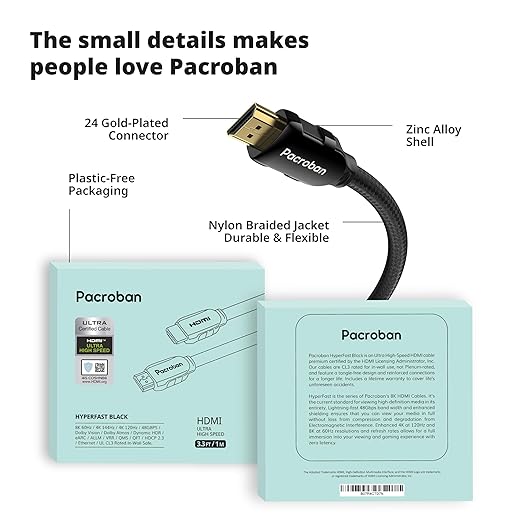 Pacroban eARC HDMI Cable 10FT Cable for Soundbars [Premium Certified Ultra High Speed] HDMI 2.1 Cord, 48Gbps, 4K 120Hz, 8K 60Hz | Dolby Atmos Audio, Dynamic HDR, HDCP, Dolby Vision, Ethernet