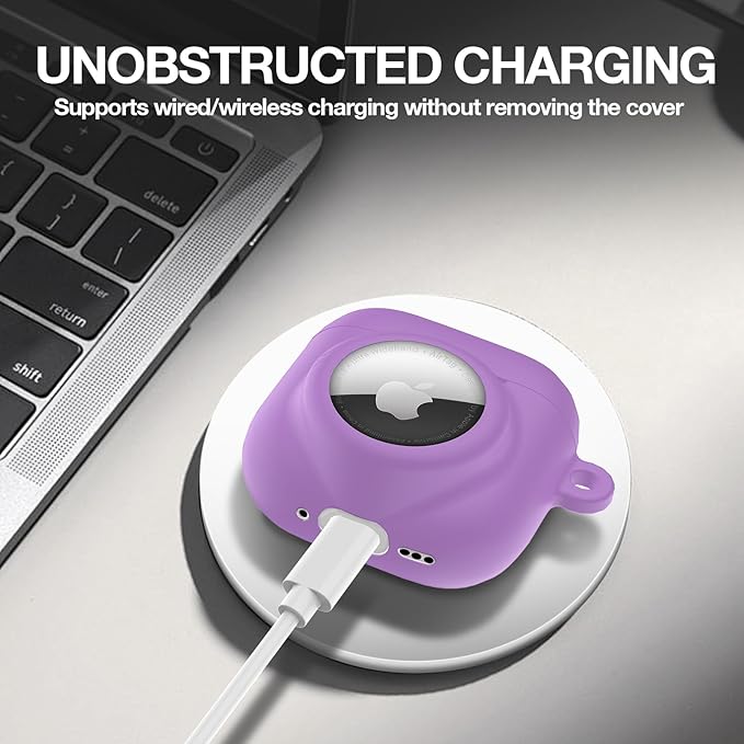 2 in 1 Silicone Case Compatible with AirPod 4 and AirTag 2/1, Shockproof Protective Skin Cover for AirPods 4th Generation with Cleaner Kit & Carabiner (Purple)