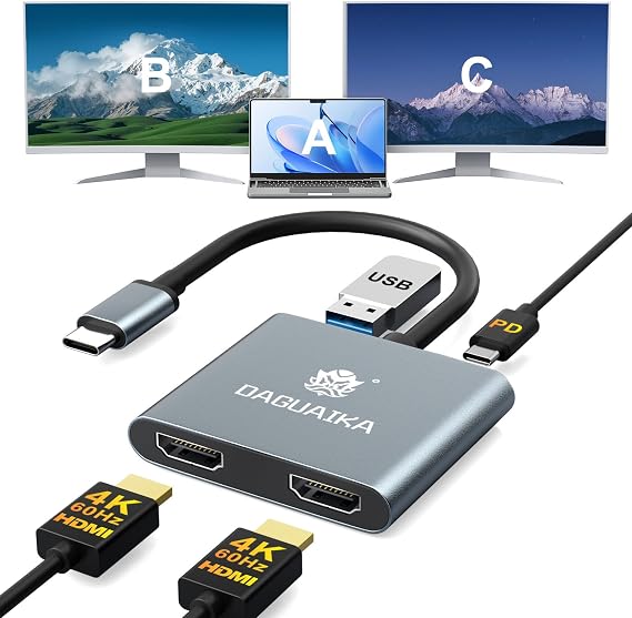 USB C to Dual HDMI Adapter 4K@60Hz, 4-in-1 HDMI Splitter for Dual Monitors, 100W PD Charging, USB A Port, Docking Station for MacBook/LenovoYoga/Thinkpad, XPS and More (macOS only Support SST Mode) - Image 7