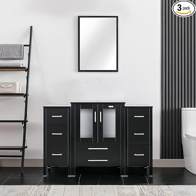 eclife 48" Modern Bathroom Vanity Sink Combo Freestanding Cabinet with Small Side Cabinet, Without Vessel Sink, Faucet, Drain (Black Vanity Only)