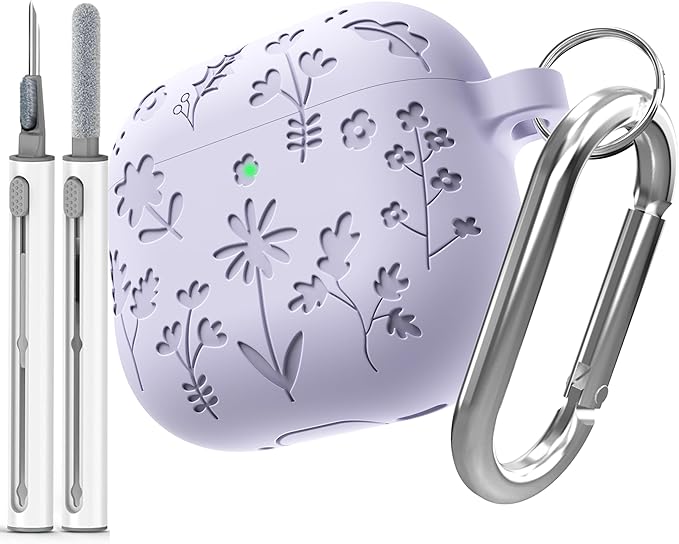DamonLight Flora Engraved Case for AirPods 4 with Active Noise Cancellation Cover Shockproof Protective Soft Silicone Case with Cleaning Pen and Keychain for Apple Airpods 4th Generation (Purple)