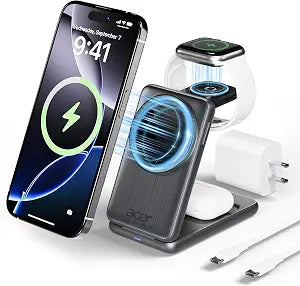 Acer 3 in 1 Charging Station for Apple Device, Magnetic Palm-Sized Foldable Fast Charger Stand Compatible with MagSafe for iPhone 17, Apple Watch & AirPods, Foldable Charging Dock for Desk S3