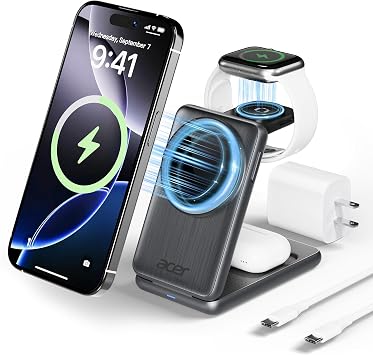 Acer 3 in 1 Charging Station for Apple Device, Magnetic Palm-Sized Foldable Fast Charger Stand Compatible with MagSafe for iPhone 17, Apple Watch & AirPods, Foldable Charging Dock for Desk S3