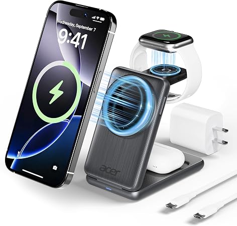 Acer 3 in 1 Charging Station for Apple Device, Magnetic Palm-Sized Foldable Fast Charger Stand Compatible with MagSafe for iPhone 17, Apple Watch & AirPods, Foldable Charging Dock for Desk S3