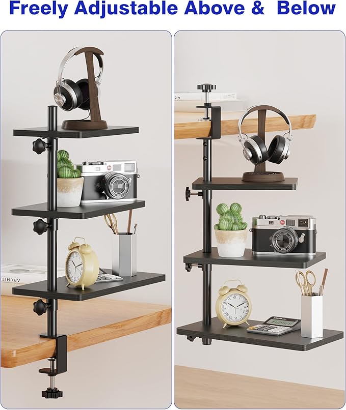 3 Tiers Clamp On Desk Shelf, 360¡ã Angle Adjustable Desktop Shelf Organizer for Home Office Gaming Room, No Drill Desk Extender Adapt to 0.4-2.16 inches Table Thick, Black Brown