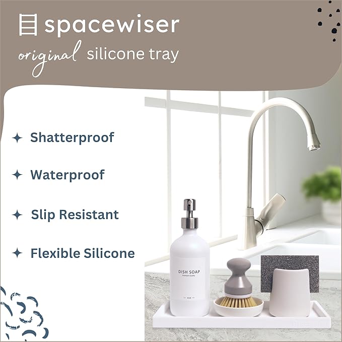 Countertop and Vanity Tray - 11.7" Silicone Bathroom Tray Countertop, Dish Soap Trays for Kitchen Counter, Bathroom Counter Organizer Accessories Caddy, Shower Trays Makeup Mat Oil, White