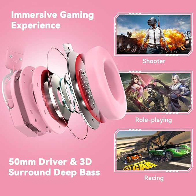 A88 Gaming Headset with Mic for Ps5, Pc, Xbox One Series X/s, Ps4, Switch, Stereo Wired Noise Cancelling Headphones with Microphone for Computer, Laptop, Mac, Nintendo, Games (Pink)