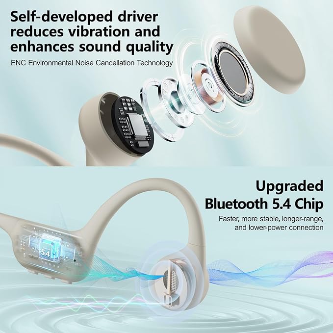 Bone Conduction Headphones IPX8 Waterproof Swimming Headphones Open Ear Headphones with MP3 Mode 32GB Memory 8H Playtime Bluetooth 5.4 Ear Buds Secure Fit for Running and Fitness (Apricot)
