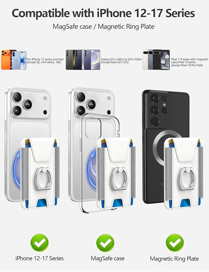 For Magsafe Wallet with Grip, 6-Card Holder, Stronger Magnetic Card Wallet Holder for iPhone 17/16/15, iPhone 14/13/12 Series, Leather Magnetic Phone Wallet with Privacy Flap, RFID Blocking, White