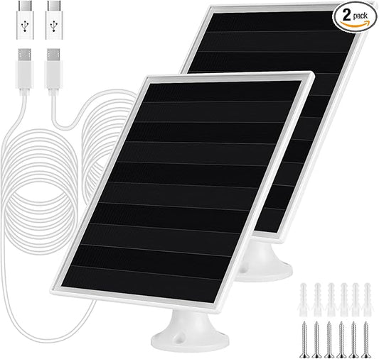 6W Solar Panel Charger, Solar Panel with Micro USB & USB-C Port for DC 5V Outdoor Rechargeable Battery Camera, IP66 Waterproof, 360° Adjustable Security Mount, 2PC