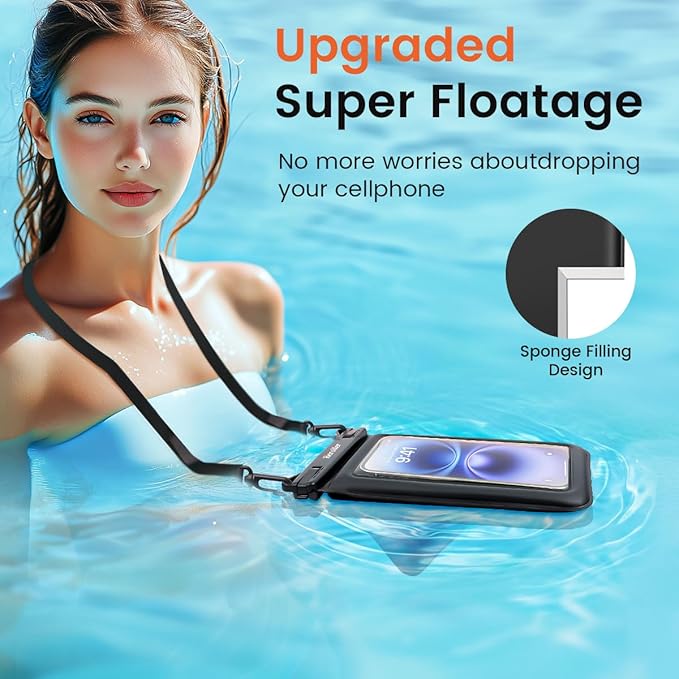 Floating Waterproof Phone Pouch - 2 Pack IPX8 Waterproof Phone Bag with Double Space, Waterproof Phone Case with Lanyard for iPhone 17 16 15 14 13 Pro Max Galaxy S24+ S23, Beach Cruise Ship Essentials