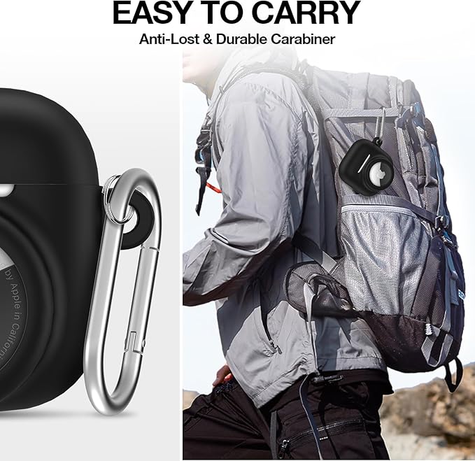 2 in 1 Silicone Case Compatible with AirPod 4 and AirTag 2/1, Shockproof Protective Skin Cover for AirPods 4th Generation with Cleaner Kit & Carabiner (Black)