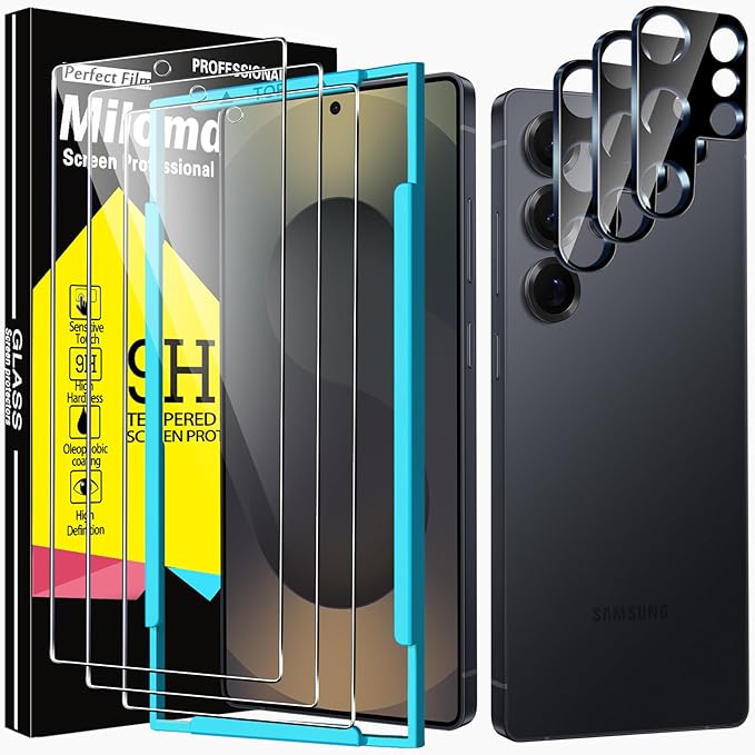 Milomdoi 3 Pack Screen Protector for Samsung Galaxy S25 Ultra with 3 Pack Camera Lens Protector,Ultra 9H Tempered Glass Accessories,[Support Fingerprint Unlock] Easy Installation,Case Friendly