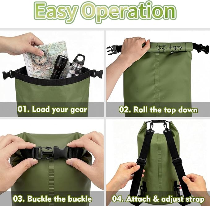 kullder Waterproof Backpack 10L, Roll Top Water Proof Dry Bag Army Green, Floating Dry Bag for Kayaking Camping Boating, Lightweight Hiking Backpack with 7" Black IPX8 Waterproof Phone Case