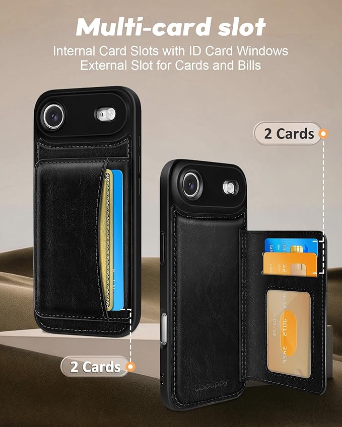 for iPhone 17 Air Case with Wallet - Fits 4 Card Slots, Compatible with MagSafe for Women Men Durable PU Leather Credit Card Holder Kickstand Phone Cover for Apple 17 Air, Black