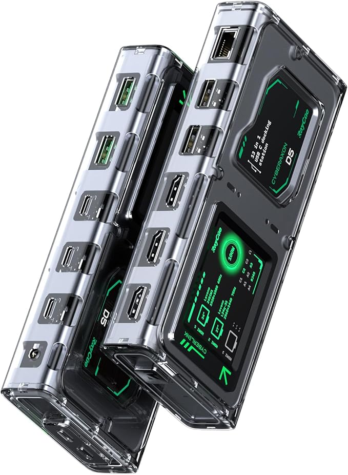 RayCue CyberAxon D5 13-in-1 Multifunctional Stream Control Dock - USB C Docking Station with 2.4" Touchscreen, 3X HDMI (4K@60Hz), 100W PD, 10Gbps USB-C, Ethernet, for Mac/Windows/iPad