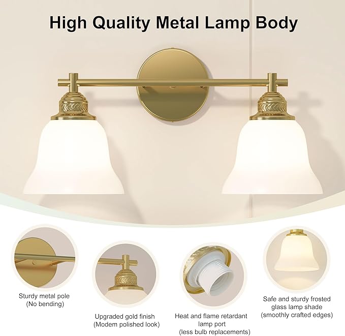 Bathroom Light Fixture, 2-Light Vanity Wall Sconce with Glass Shades, Gold Finish, Light Fixtures Over Mirror for Bathroom, Bedroom, Living Room, Hallway, 18inch