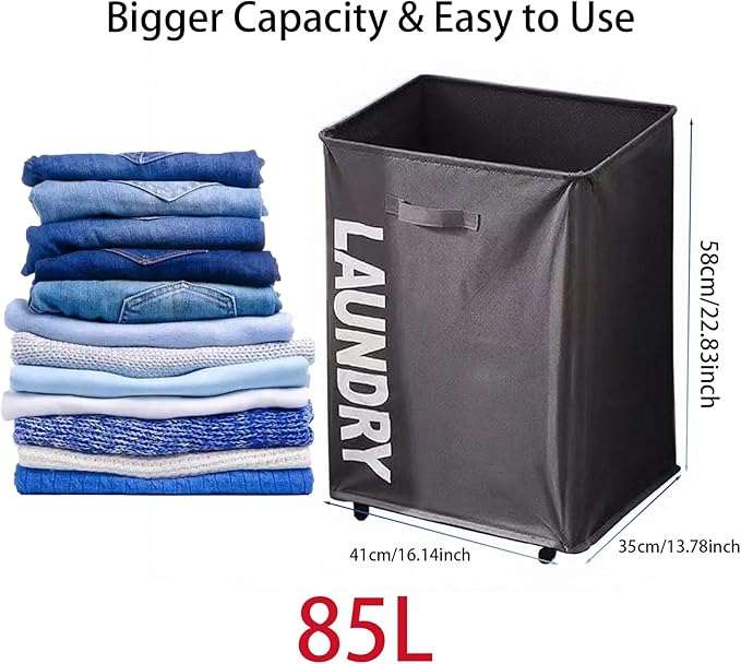 85L Laundry Baskets with Wheels, Large Collapsible Waterproof Laundry Hamper, Bottom Widening Design, Foldable Storage Square Dirty Clothes Bins for Laundry Room, Bathroom, Dorm (Dark Gray)