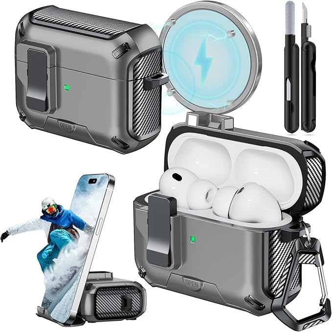 for AirPods Pro 3 Case (2025) with Phone Stand,（with Automatic Snap Switch） Carbon Fiber Design Protection Cover with Cleaning Pen,Gray