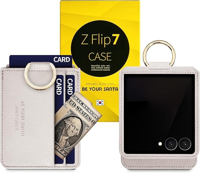 [BeYourSanta] Galaxy Z Flip 7 Case with Ring - Avant-Garde Handmade Saffiano Vegan Leather Case, Anti-Scratch Hinge Protection, Made in Korea (3 Pockets, Cream Beige)