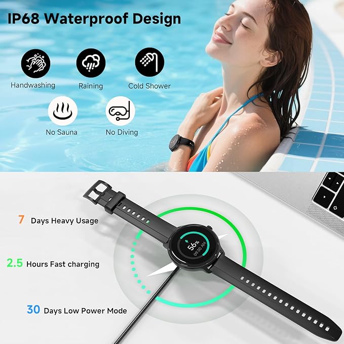 Smart Watches for Women Men 1.27" HD Fitness Tracker with Heart Rate/Sleep/Step/SpO2 Monitor, IP68 Waterproof Watch for Android iOS (Black)